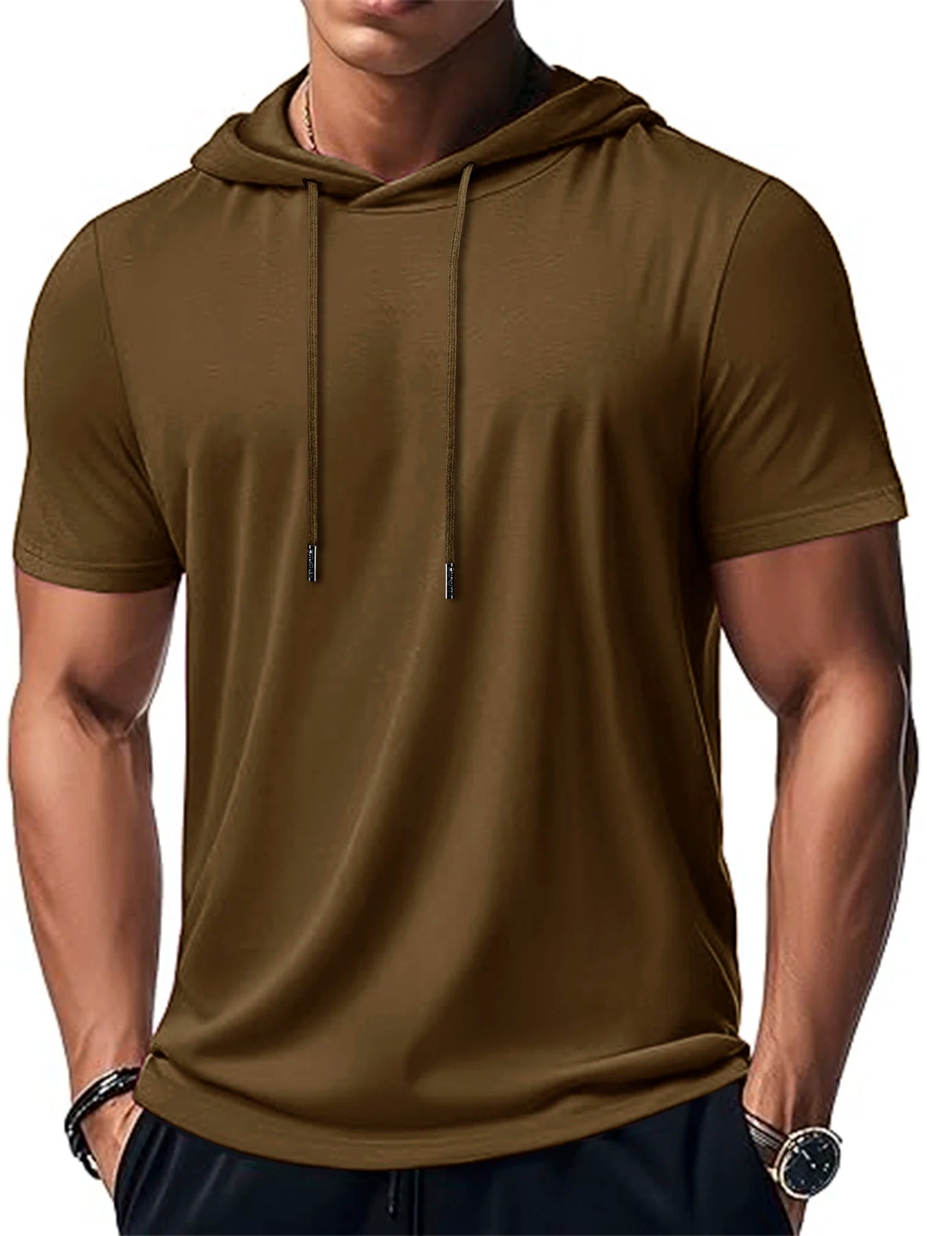 New Mens Short Sleeve Loose T-shirt Multi Solid Color Lightweight Hoodie Fitness Breathable Collar Tops Summer Hooded Sweatwear