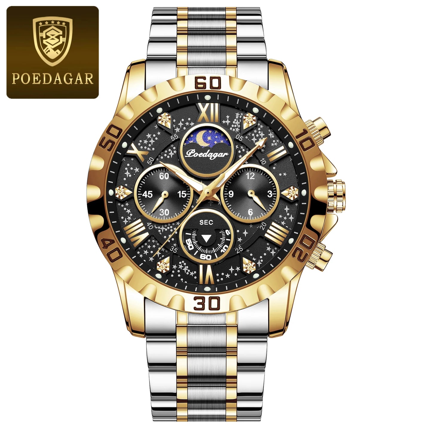 POEDAGAR Luxury Military Watches For Men Stainless Steel Quartz Waterproof Luminous Man Watch Chronograph Sport Men's Wristwatch
