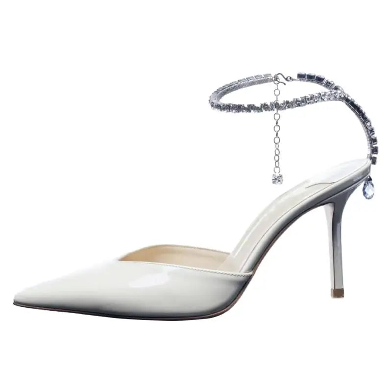 2025 New Mesh Hot Drilled Sexy Versatile Pointed Shallow Mouth Water Diamond Chain High Heels Baotou Sandals for Women