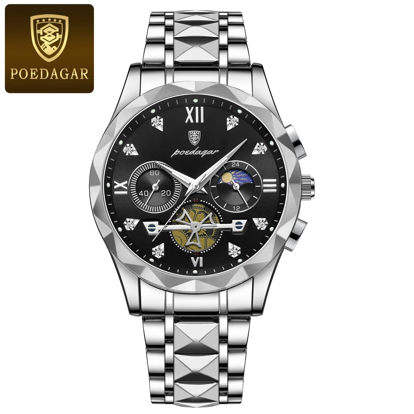POEDAGAR Fashion Luxury Man Wristwatch Stainless Steel Quartz Watches for Men Waterproof Luminous Chronograph Sports Men's Watch