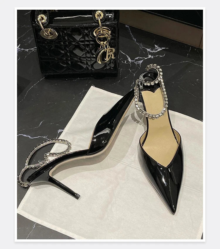 2025 New Mesh Hot Drilled Sexy Versatile Pointed Shallow Mouth Water Diamond Chain High Heels Baotou Sandals for Women