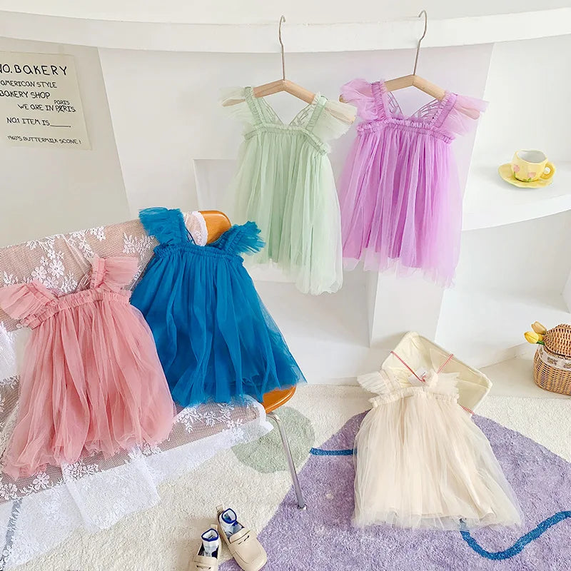 Children's Girl Dresses With Butterfly Wing Fashion Kids Tulle Dress For Girls 2-8Y Summer New Sleeveless Mesh Princess Clothes