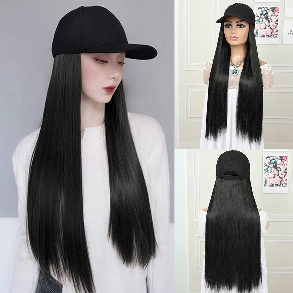 hat wig straight hair Synthetic Long Straight Baseball Cap with Hair Extensions 24 Inch High Quality fiber Adjustable Wig Hat for Women Girls