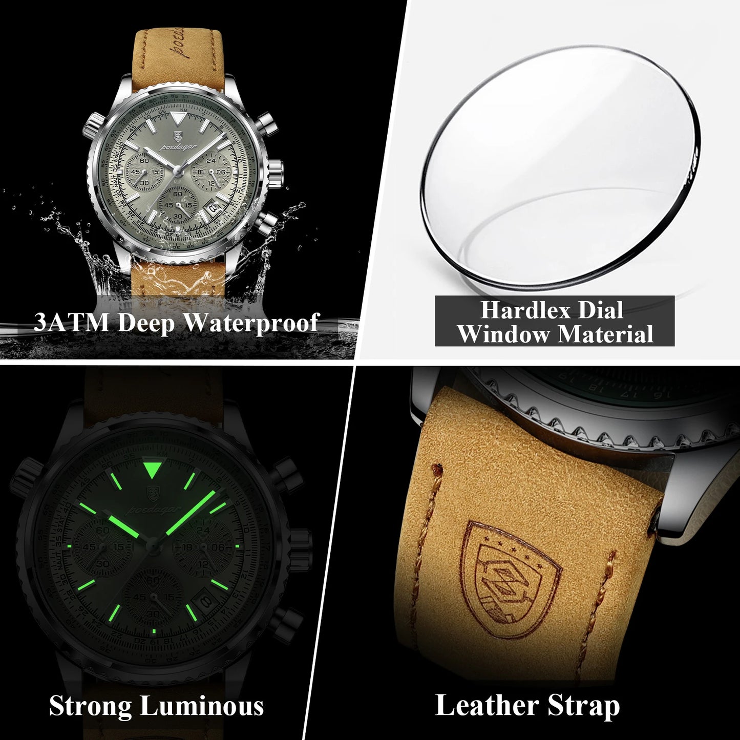POEDAGAR Fashion High Quality Men Clock Chronograph Waterproof Luminous Calendar Man Wristwatch Leather Quartz Men's Watches+Box