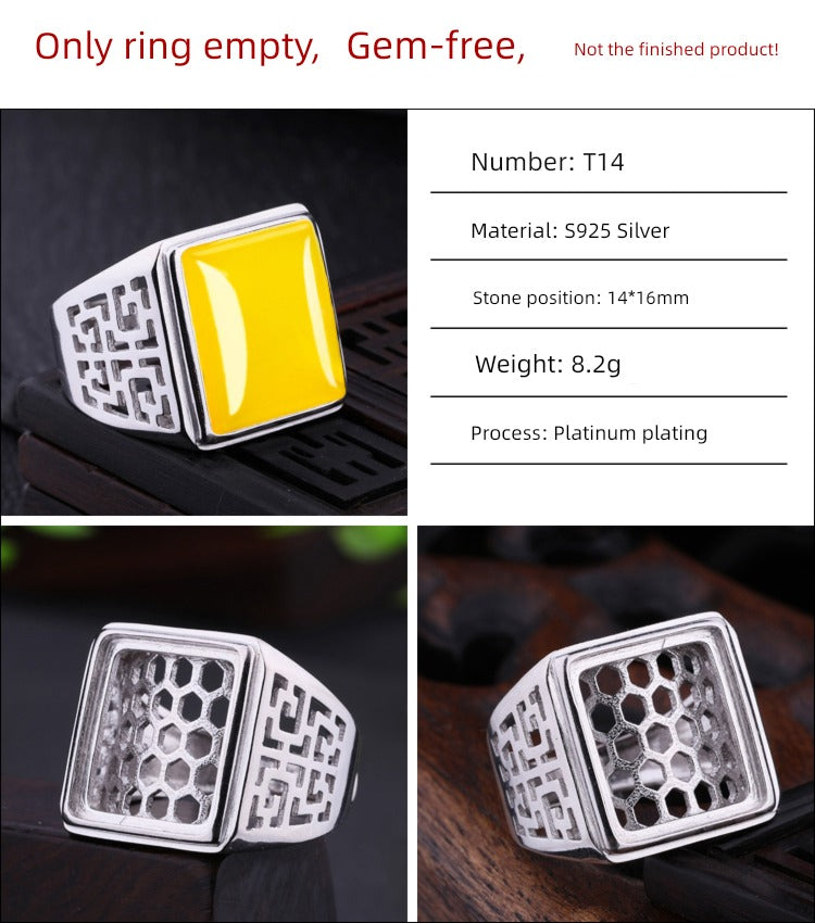 S925 Sterling Silver Ring Frame DIY Inlaid Beeswax Turquoise Amber South Red Ring Gem Opening Men Square Ring Setting