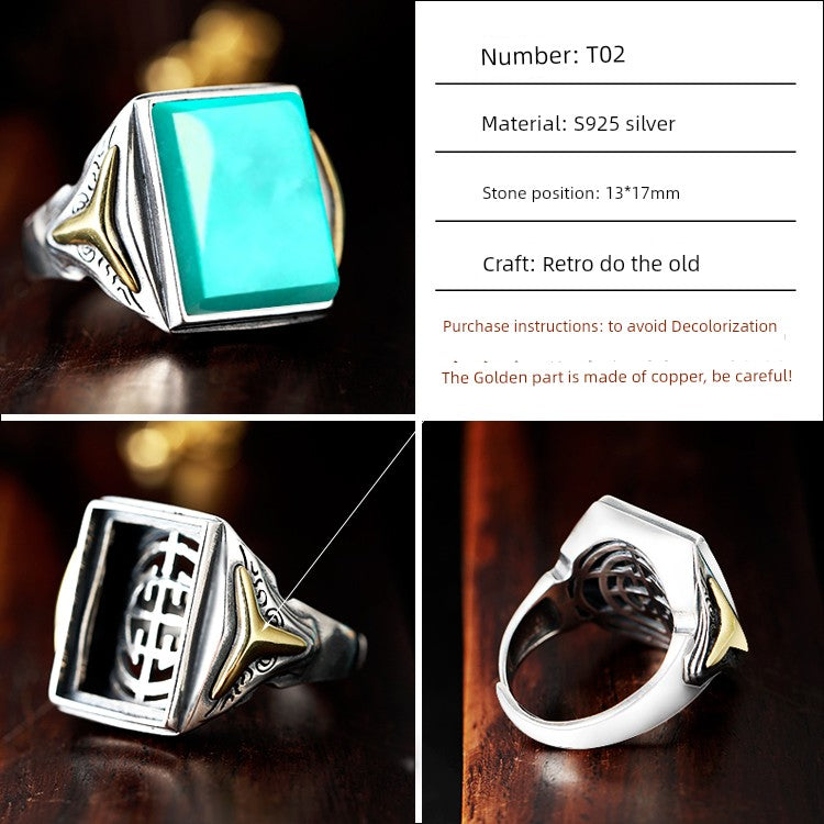 S925 Sterling Silver Ring Frame DIY Inlaid Beeswax Turquoise Amber South Red Ring Gem Opening Men Square Ring Setting