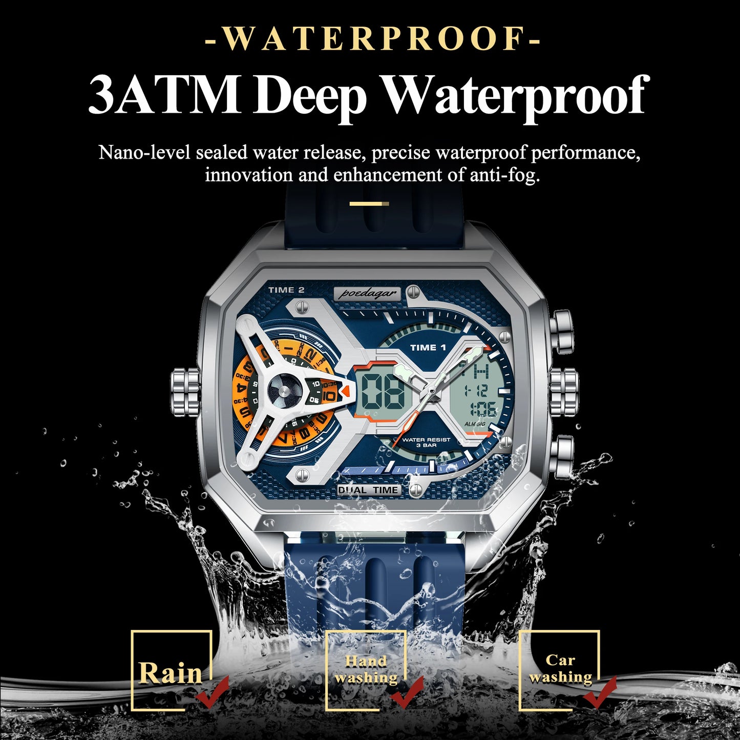 POEDAGAR Top Luxury Men Clock Date Week Luminous LED Man Watch Silicone Strap Electronic Dual Time Fashion Men's Quartz Watches