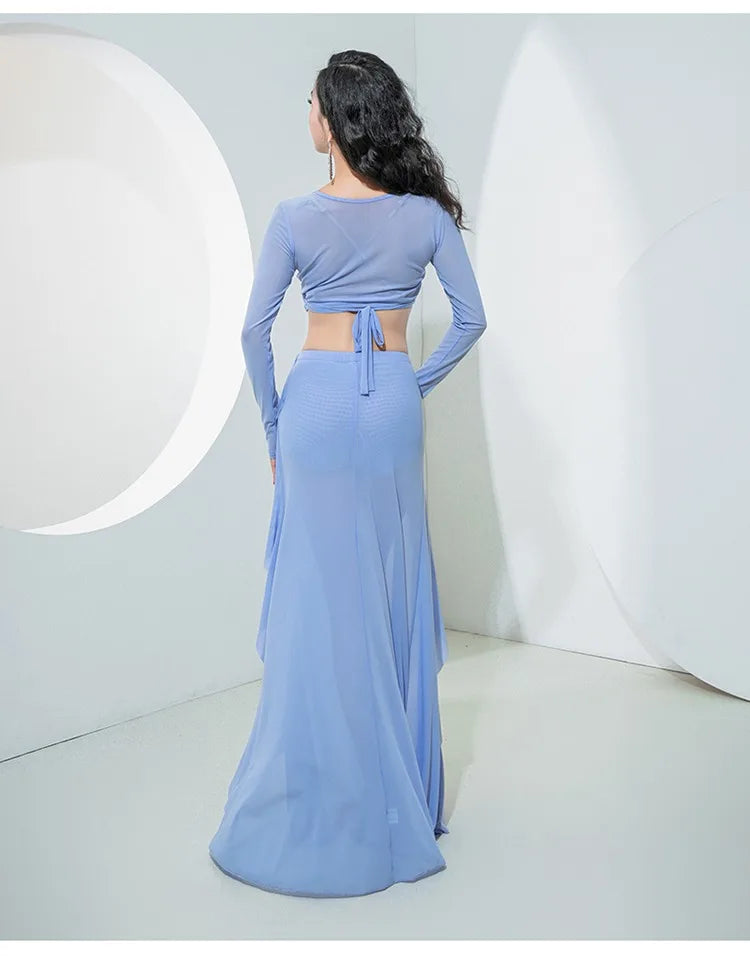 Women Oriental Dance Costume Dress 2 Piece Gauze Top Side Split Long Skirt Professional Dancer Performance Training Outfit New