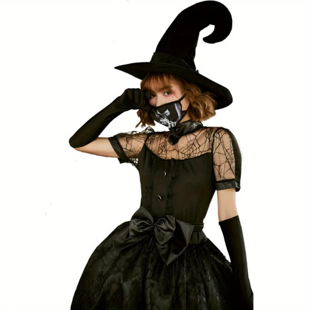 Halloween Black Mesh Hollow Witch Tailcoat Costume: Gothic Sorceress Cosplay Outfit for Party Performances