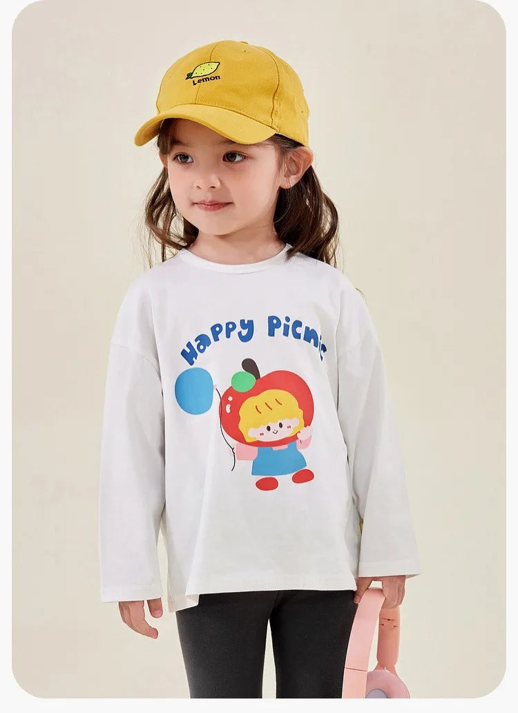Kids Girls Printed T-shirt Autumn Cartoon Base Long Sleeve Baby Boys Top Versatile Pullover Bottom Children Girls Shirts