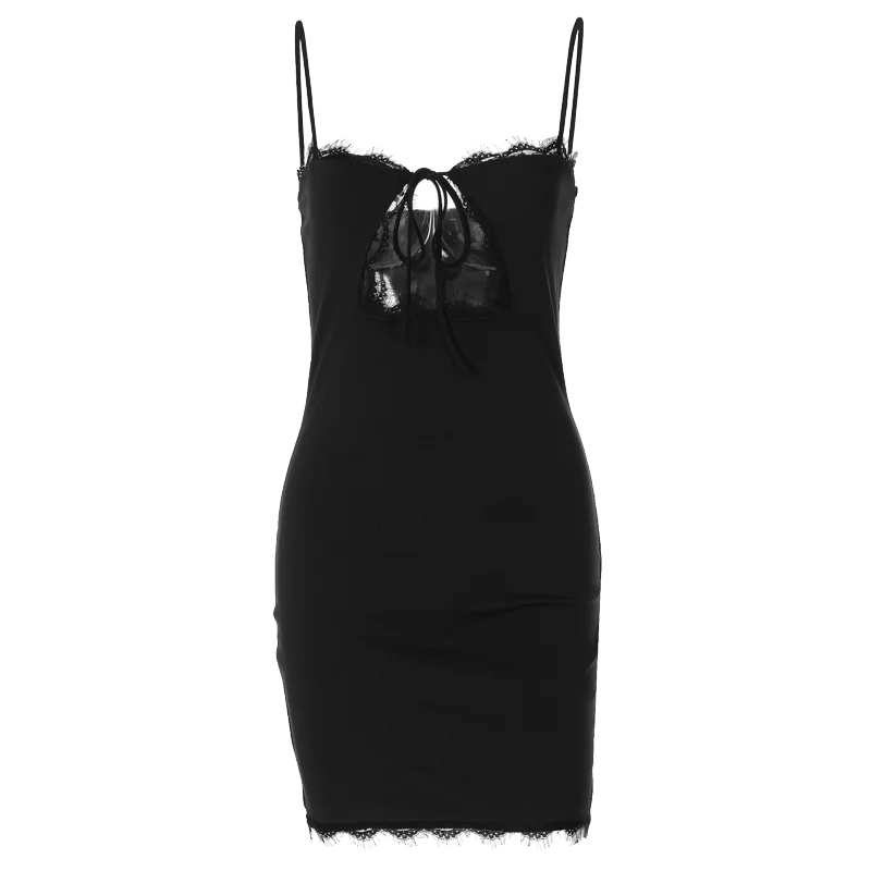 Hugcitar Black Slips Backless Hollow Out Lace Up Sexy Bodycon Elegant Mini Dress Summer Women New Y2K Outfits Festival Nightclub
