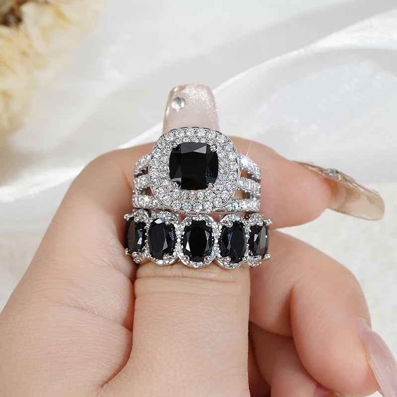 Huitan New Trendy Set Rings for Women Pink/White/Green/Black Cubic Zirconia Rings Gorgeous Wedding Accessories Eternity Jewelry
