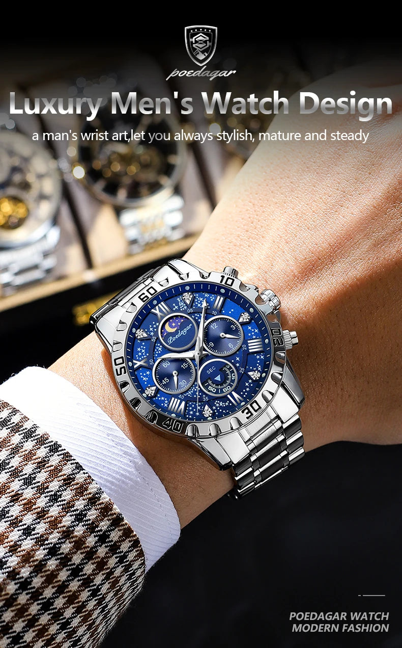 POEDAGAR Luxury Military Watches For Men Stainless Steel Quartz Waterproof Luminous Man Watch Chronograph Sport Men's Wristwatch