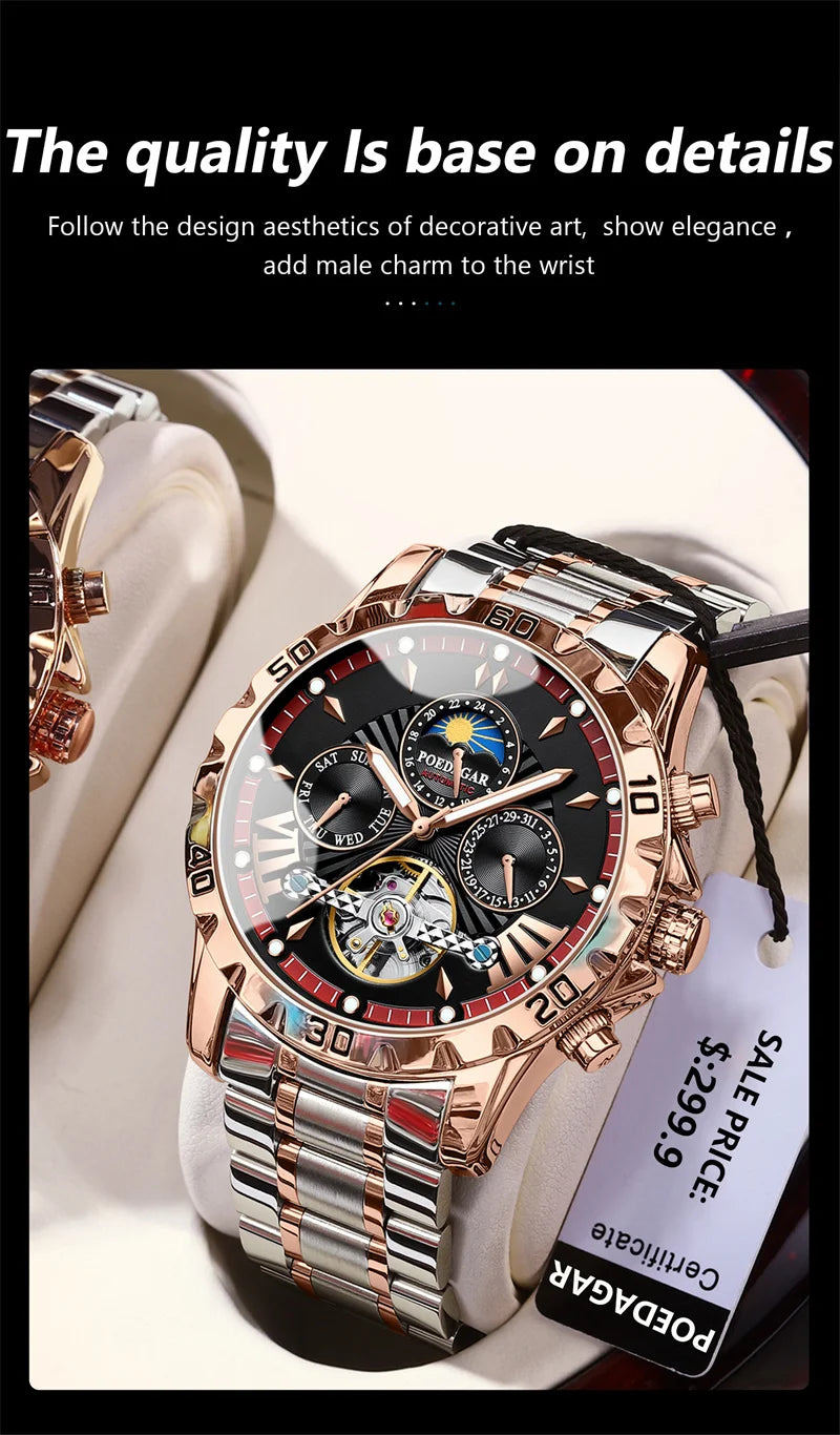 POEDAGAR Brand Luxury Tourbillon Mechanical Watch for Men Waterproof Luminous Date Week Stainless Steel Hollow Watches Men's