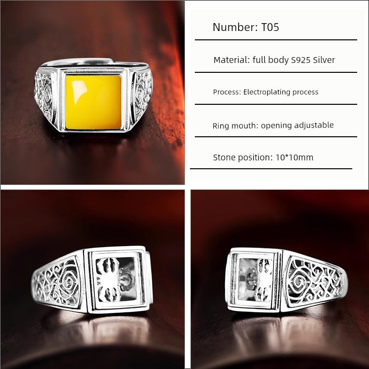 S925 Sterling Silver Ring Frame DIY Inlaid Beeswax Turquoise Amber South Red Ring Gem Opening Men Square Ring Setting