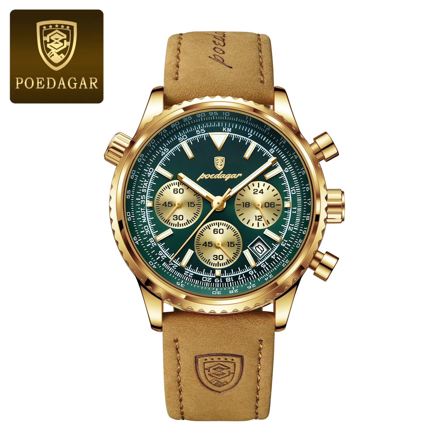 POEDAGAR Fashion High Quality Men Clock Chronograph Waterproof Luminous Calendar Man Wristwatch Leather Quartz Men's Watches+Box