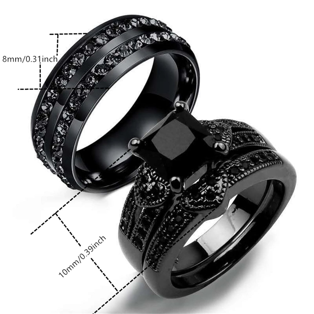 Gorgeous Black Full Zircon Couple Ring Fashion Men's Stainless Steel Ring Elegant Women's Heart-shaped 2pcs Wedding Jewelry Gift