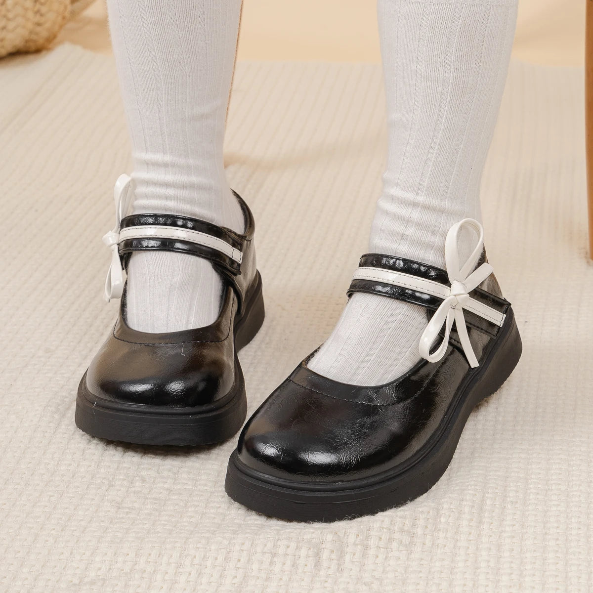 Classic Children's Leather Shoes Spring and Autumn Bow Metal Buckle Mary Jane Party Shoes Soft Bottom Black Princess Shoes