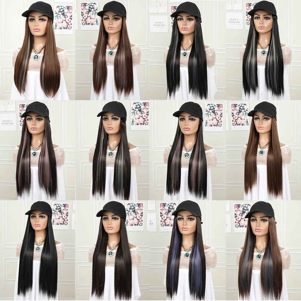 hat wig straight hair Synthetic Long Straight Baseball Cap with Hair Extensions 24 Inch High Quality fiber Adjustable Wig Hat for Women Girls