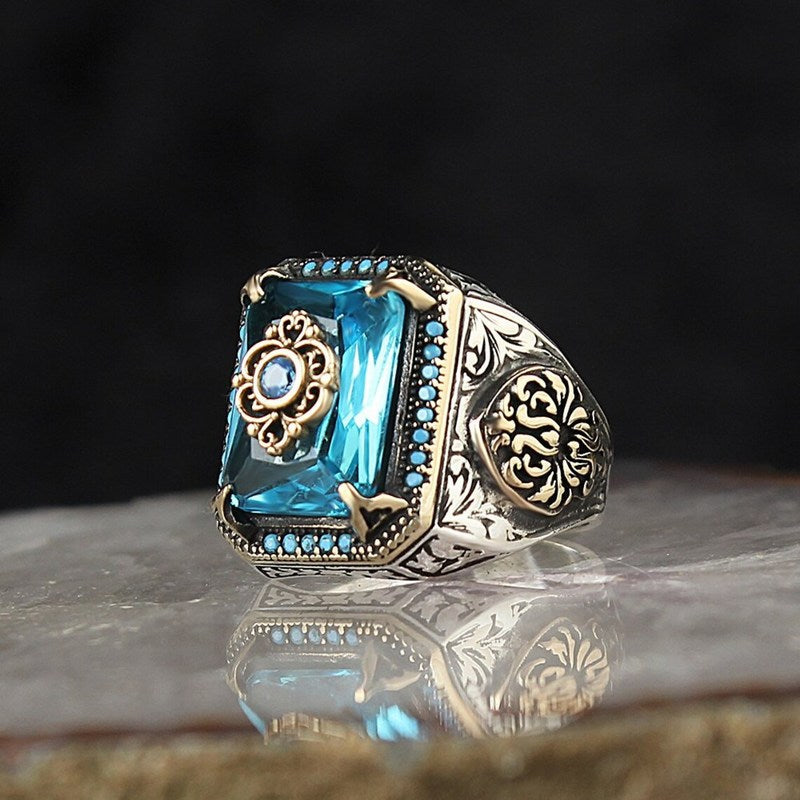 Vintage Hand Engraved Pattern Turkish Signet Ring for Men Fashion Set Green Stone Seal Islamic Muslim Jewelry