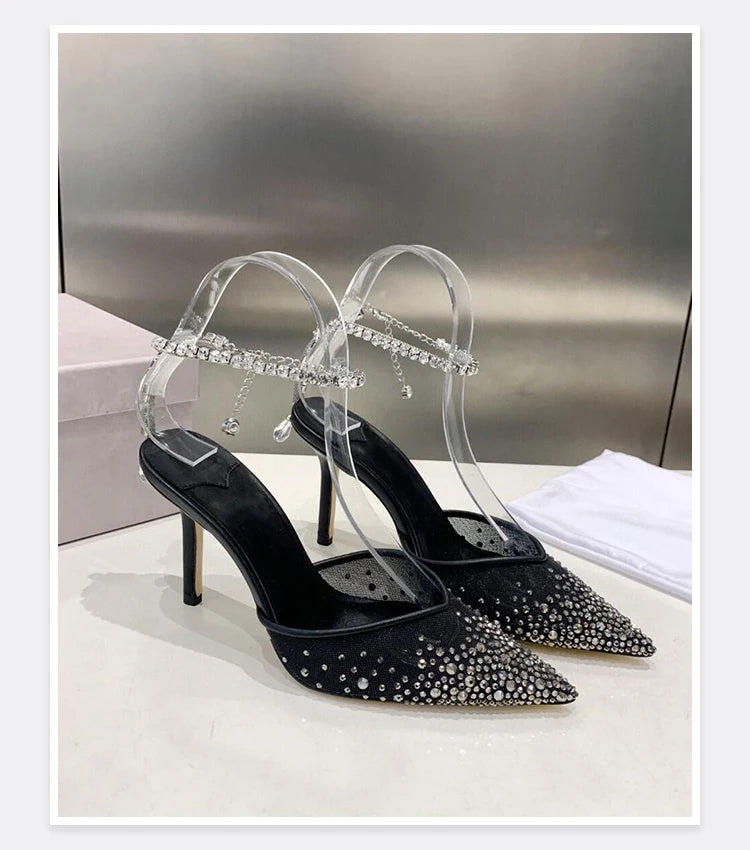 2025 New Mesh Hot Drilled Sexy Versatile Pointed Shallow Mouth Water Diamond Chain High Heels Baotou Sandals for Women