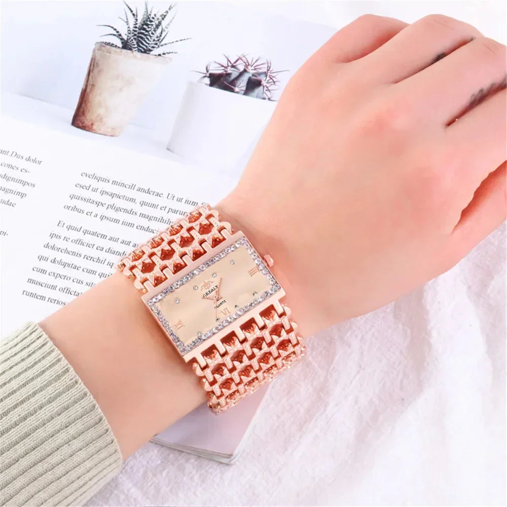 UTHAI W29 New Watch For Women Fashion Light luxury Square Diamond Quartz Watches Clock Lady's Gold Stainless Steel Bracelet