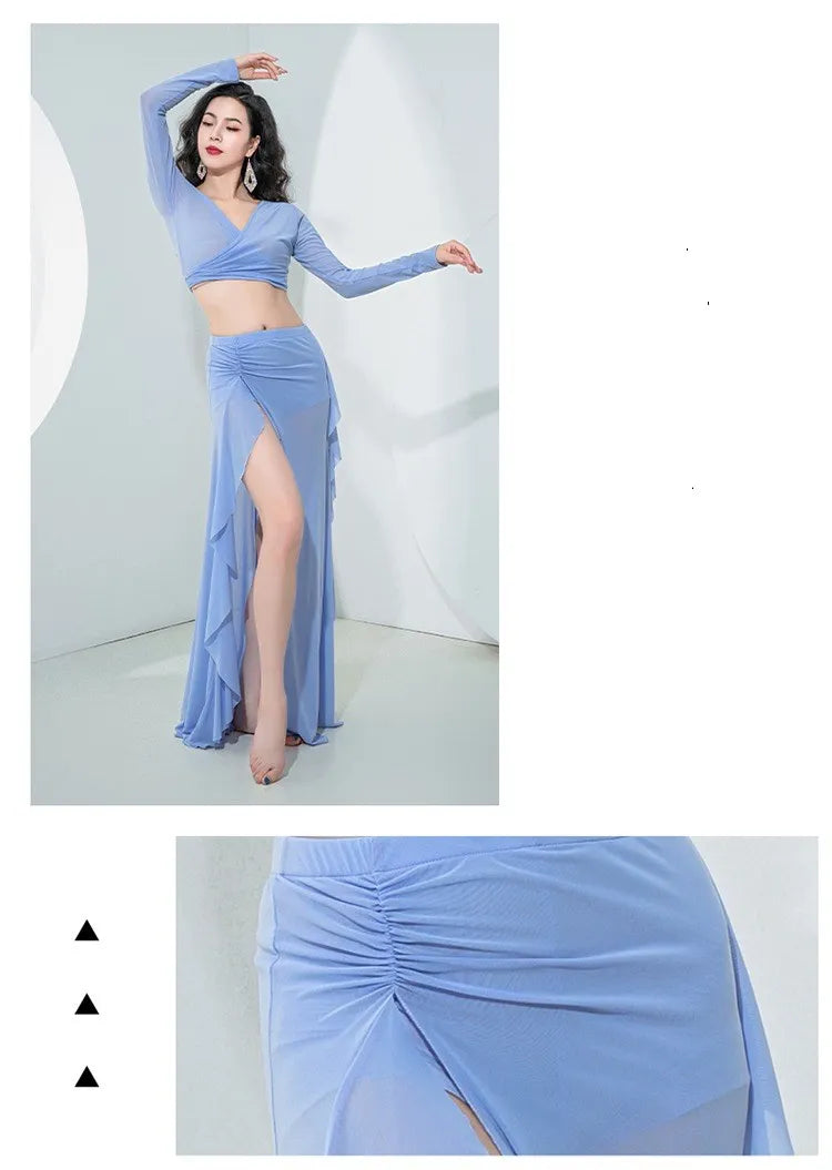Women Oriental Dance Costume Dress 2 Piece Gauze Top Side Split Long Skirt Professional Dancer Performance Training Outfit New