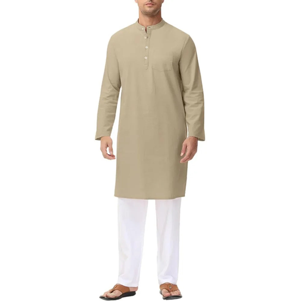 Inheritance of Ethnic Culture! Men's Long-Sleeve Thobe with Side Slits and Buttons, Classic Style of Traditional Ethnic Clothing