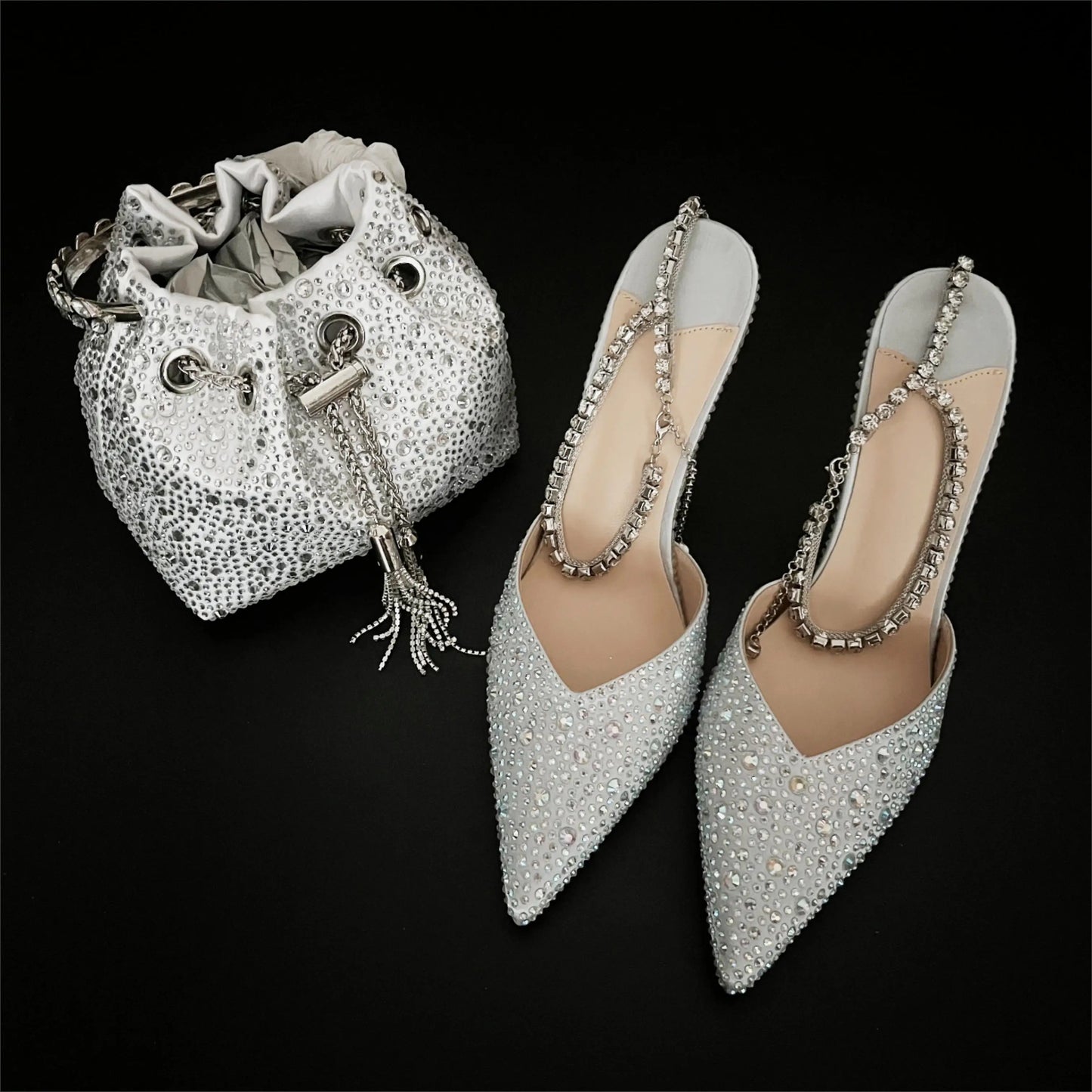 CHMURY Pointed Toe Rhinestone Heels and bag Set for Women Luxury Wedding Party
