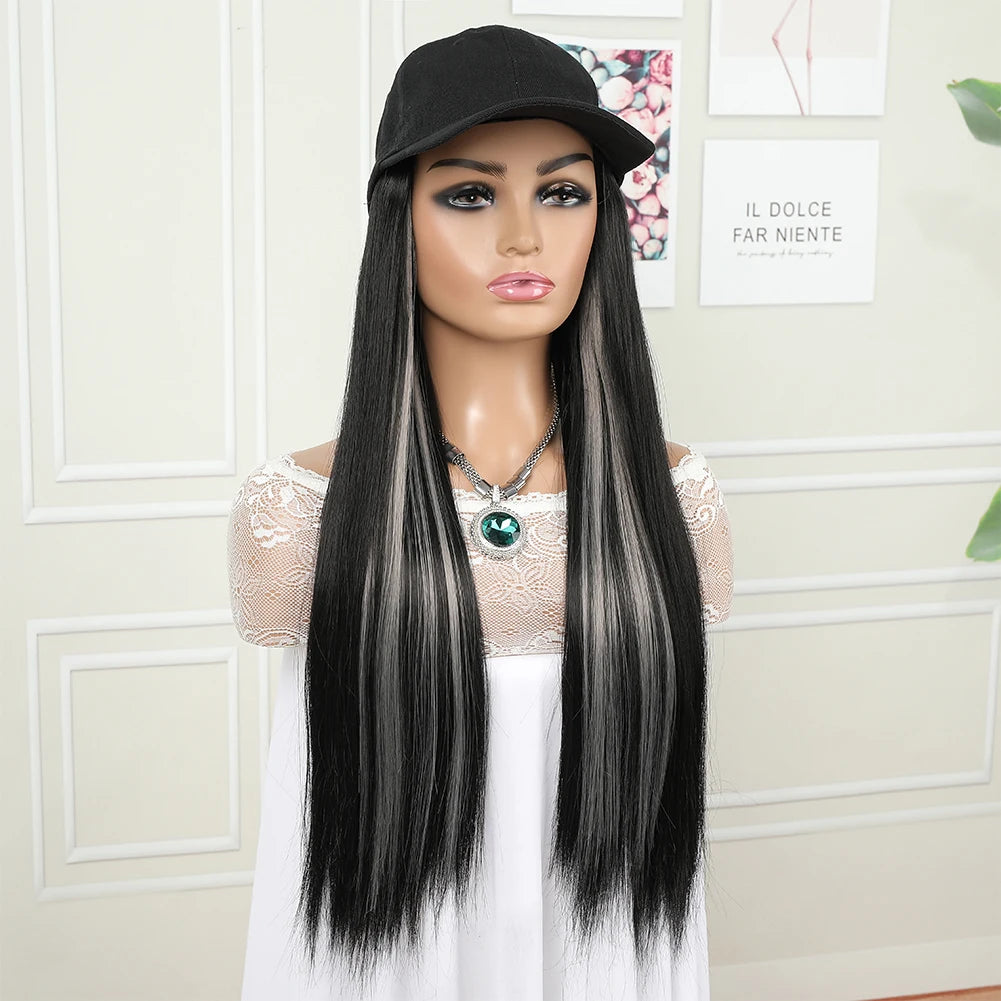 hat wig straight hair Synthetic Long Straight Baseball Cap with Hair Extensions 24 Inch High Quality fiber Adjustable Wig Hat for Women Girls