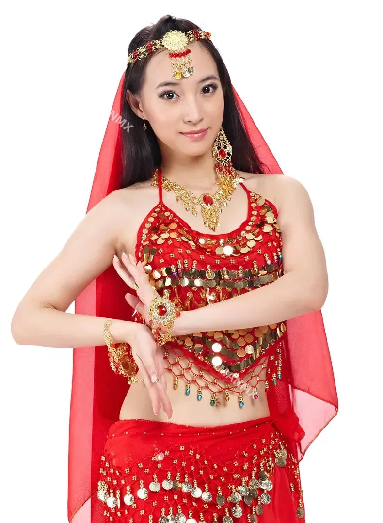 Indian Costume Set 4-pieces Belly Dance Veil Top Coins Hip Scarf Skirt Belly Dance Costume Women