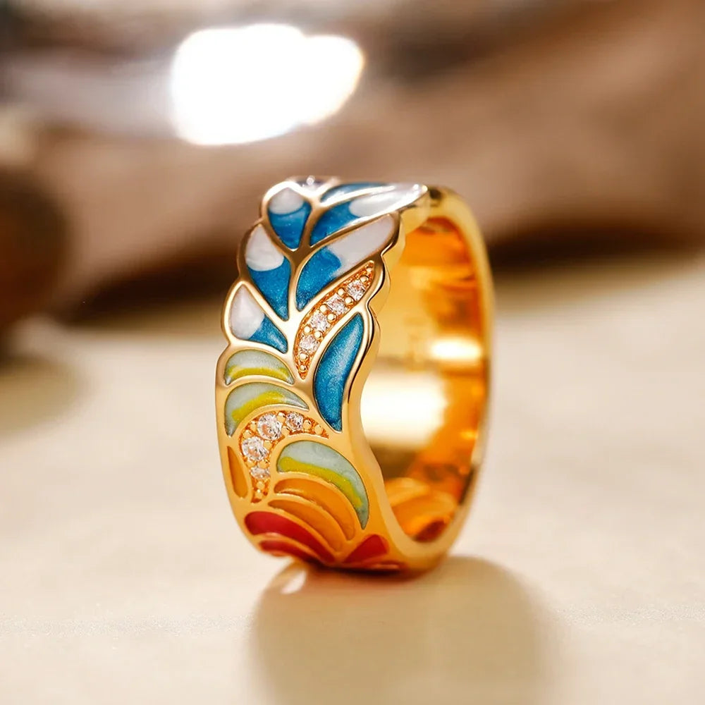 Huitan Newly Designed Colored Enamel Women Rings for Party Aesthetic Pattern  Luxury Gold Color  Fancy Gift Fashion Jewelry