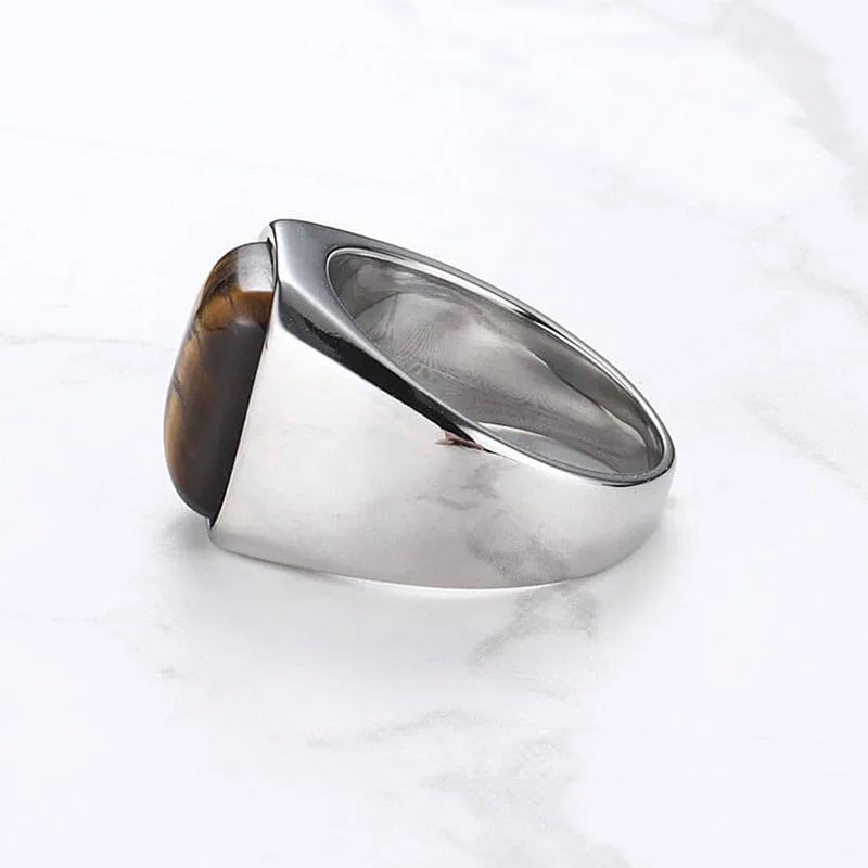 Natural Gemstone Tiger Eye Signet Ring Stainless Steel Waterproof Handmade Jewellery Rings for Men Women Father Boyfriend Gift