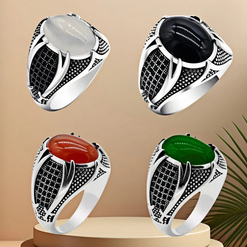 Fashion Stainless Steel Rings Vintage Carved Pattern Black/White/Red Zircon Stone Rings for Men Accessories Wedding Jewelry 6-14