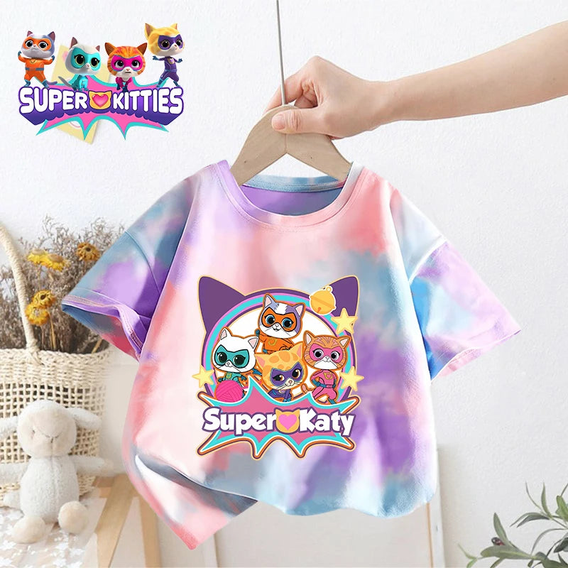 Kawaii Super Kitties Children T-shirt Tops Baby Cute Cat Short Sleeve Casual Clothes Girl Kids Tie Dye Tops Clothing Shirts Gift