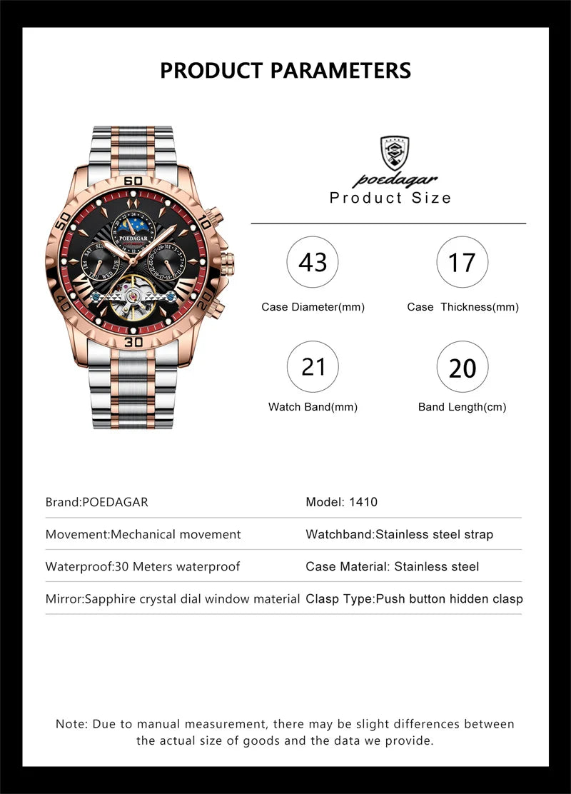 POEDAGAR Brand Luxury Tourbillon Mechanical Watch for Men Waterproof Luminous Date Week Stainless Steel Hollow Watches Men's