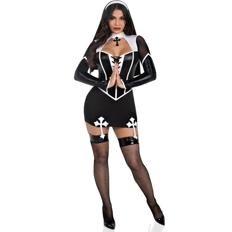 Women Halloween Nun Costume Sexy Black Pu Leather Hollow Nun Cosplay Outfit Tops with Skirts Carnival Party Rolepaly Dress Up