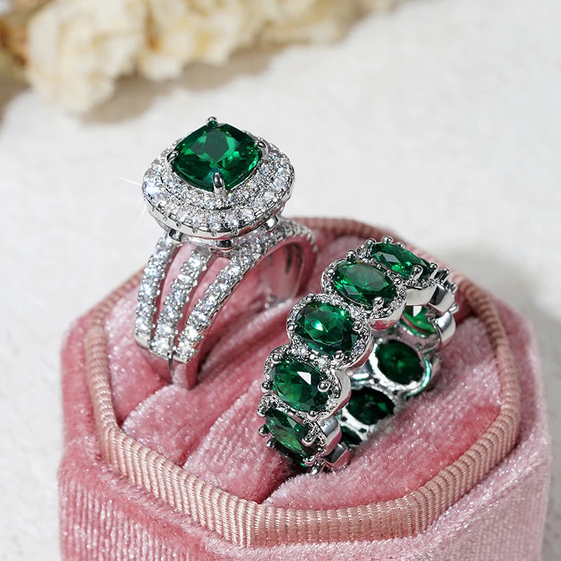 Huitan New Trendy Set Rings for Women Pink/White/Green/Black Cubic Zirconia Rings Gorgeous Wedding Accessories Eternity Jewelry