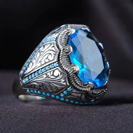 Retro Handmade Turkish Signet Ring For Men Vintage Ancient Silver Color Carved Blue Zircon Ring Punk Motor Biker Muslim Jewelry