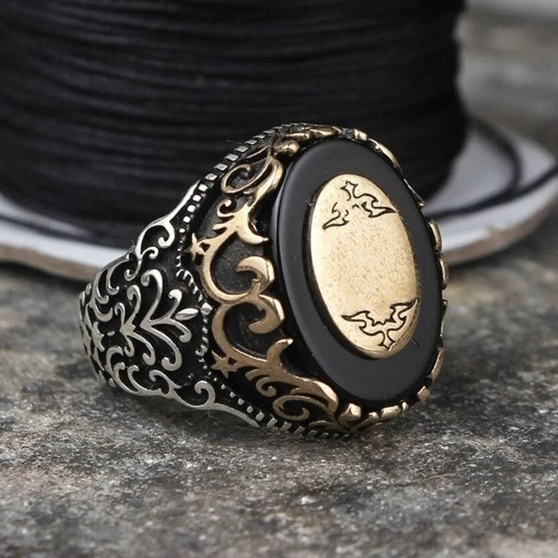 Vintage Hand Engraved Pattern Turkish Signet Ring for Men Fashion Set Green Stone Seal Islamic Muslim Jewelry