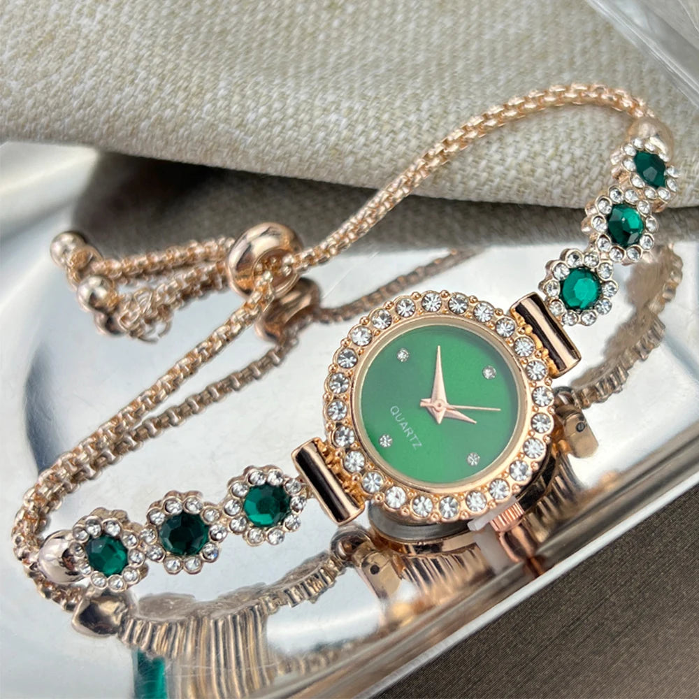 Foreign trade chalcedony bracelet watch set with diamond light luxury live new fashion quartz watch pull diamond women's watch