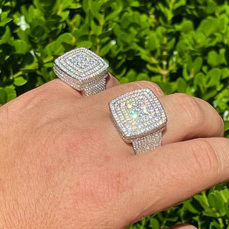 Huitan Gorgeous Square Shaped Wedding Rings for Lover Men/Women New Luxury Silver Color Bling CZ Couple Rings Fashion Jewelry