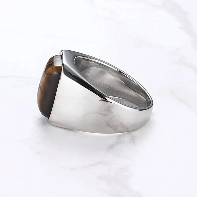 Natural Gemstone Tiger Eye Signet Ring Stainless Steel Waterproof Handmade Jewellery Rings for Men Women Father Boyfriend Gift