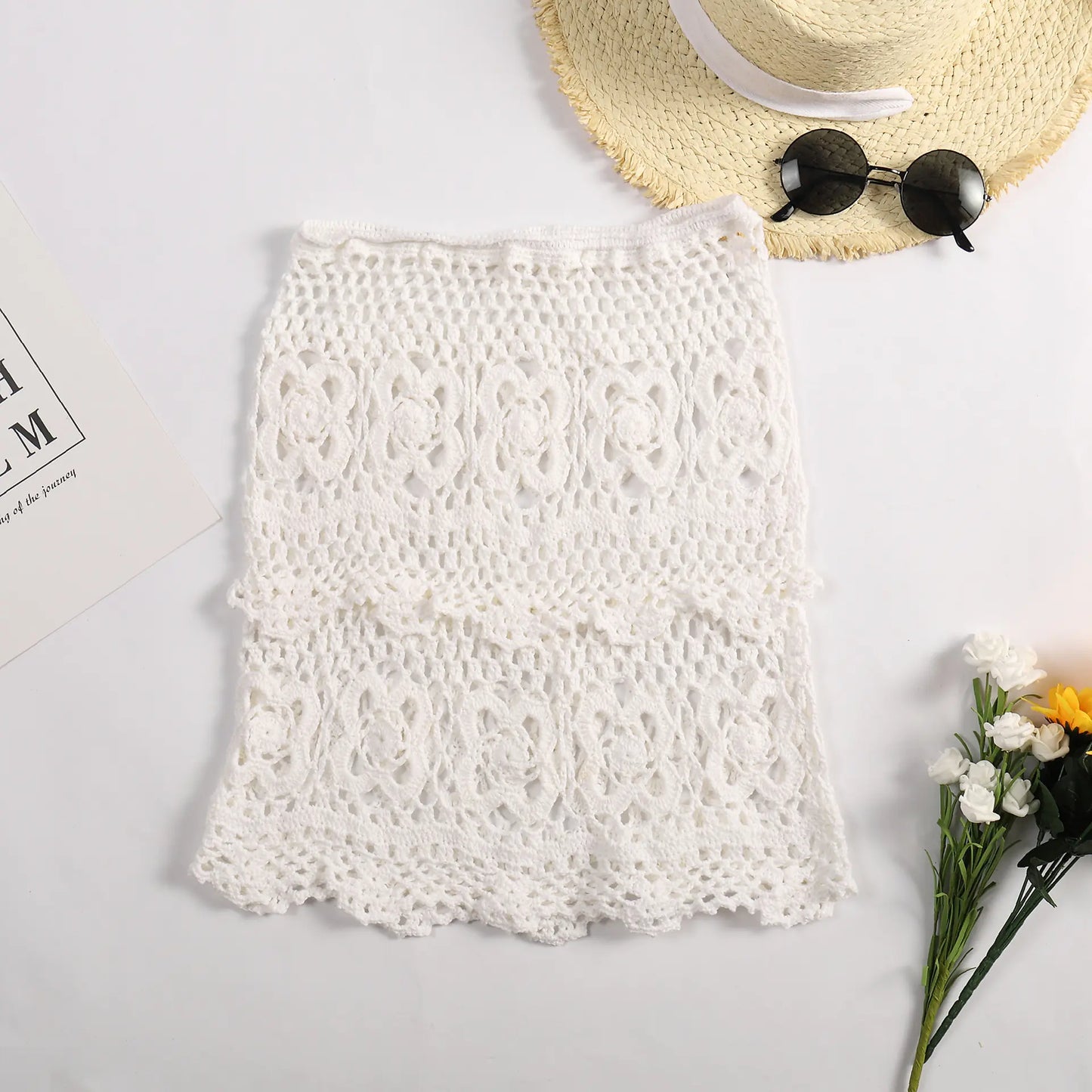 Hollow Knitted Bikini with Half-Length Wrap Skirt