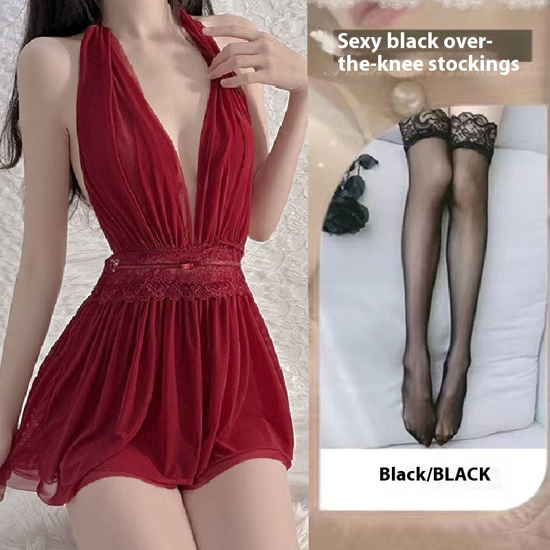 French Mesh Backless Halter Sexy And Breathable Nightdress For Women