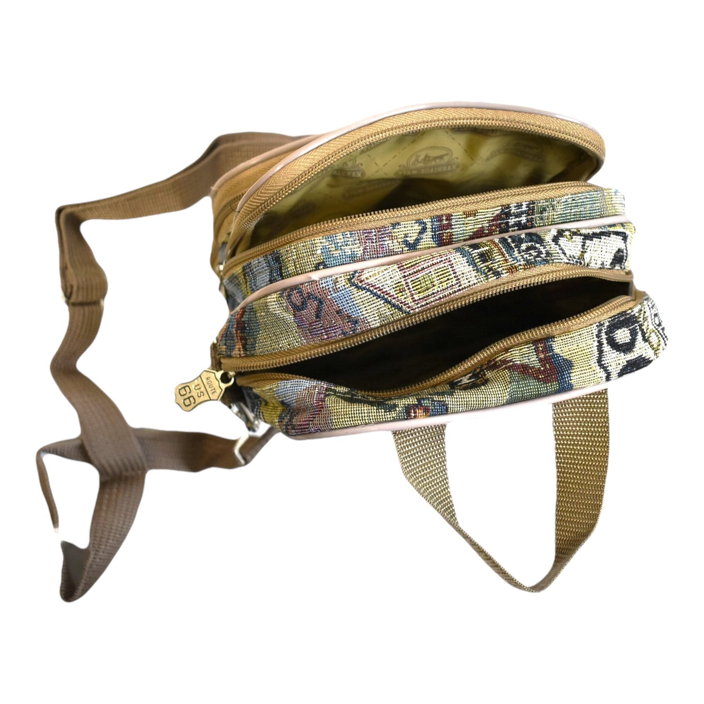 Stylish Compact Crossbody Sling Bag with Adjustable Strap, Durable Woven Fabric, Multiple Compartments, and Unique Route 66 Travel Print for Everyday Adventures