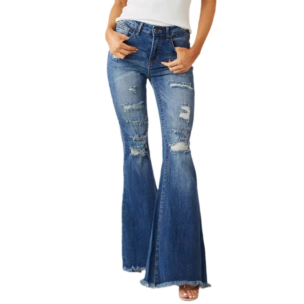 European And American Ladies Mid-waist Slim Fit Stretch Retro Bell-bottom Pants Jeans