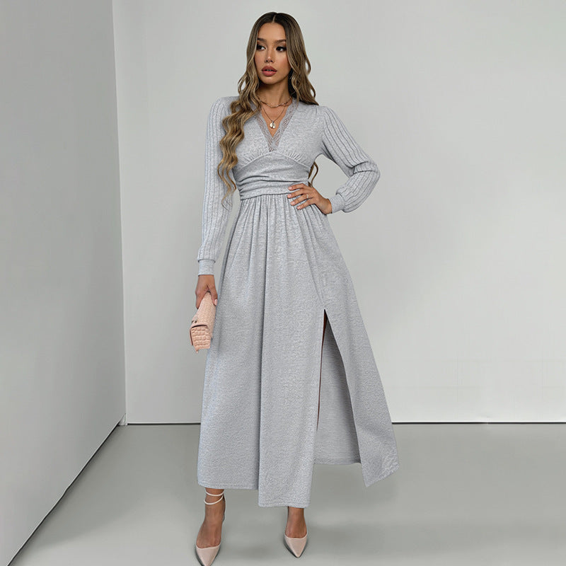 V-neck Long-sleeve Dress Women's Solid Color High-grade Brushed Split Dress