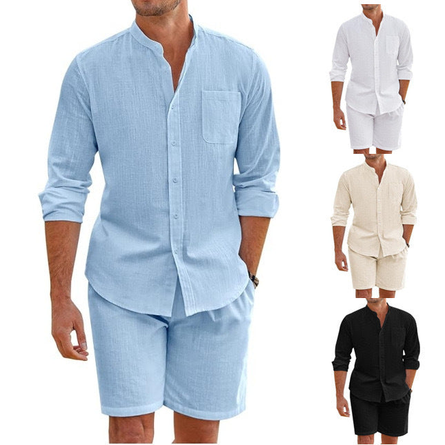 Men's Cotton Linen Comfortable Long Sleeve Shirt Shorts Suit