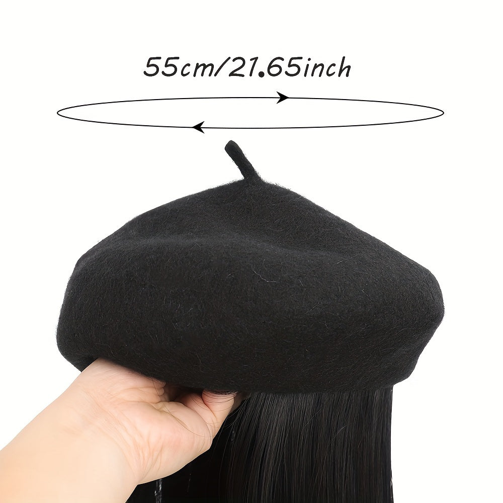 Hat Wig Beret Hat With Hair Extensions Classic French Fashion Hat Attached 11" Synthetic Straight Short Bob Hairpiece For Women Winter Warm Cap Wig Christmas Gift